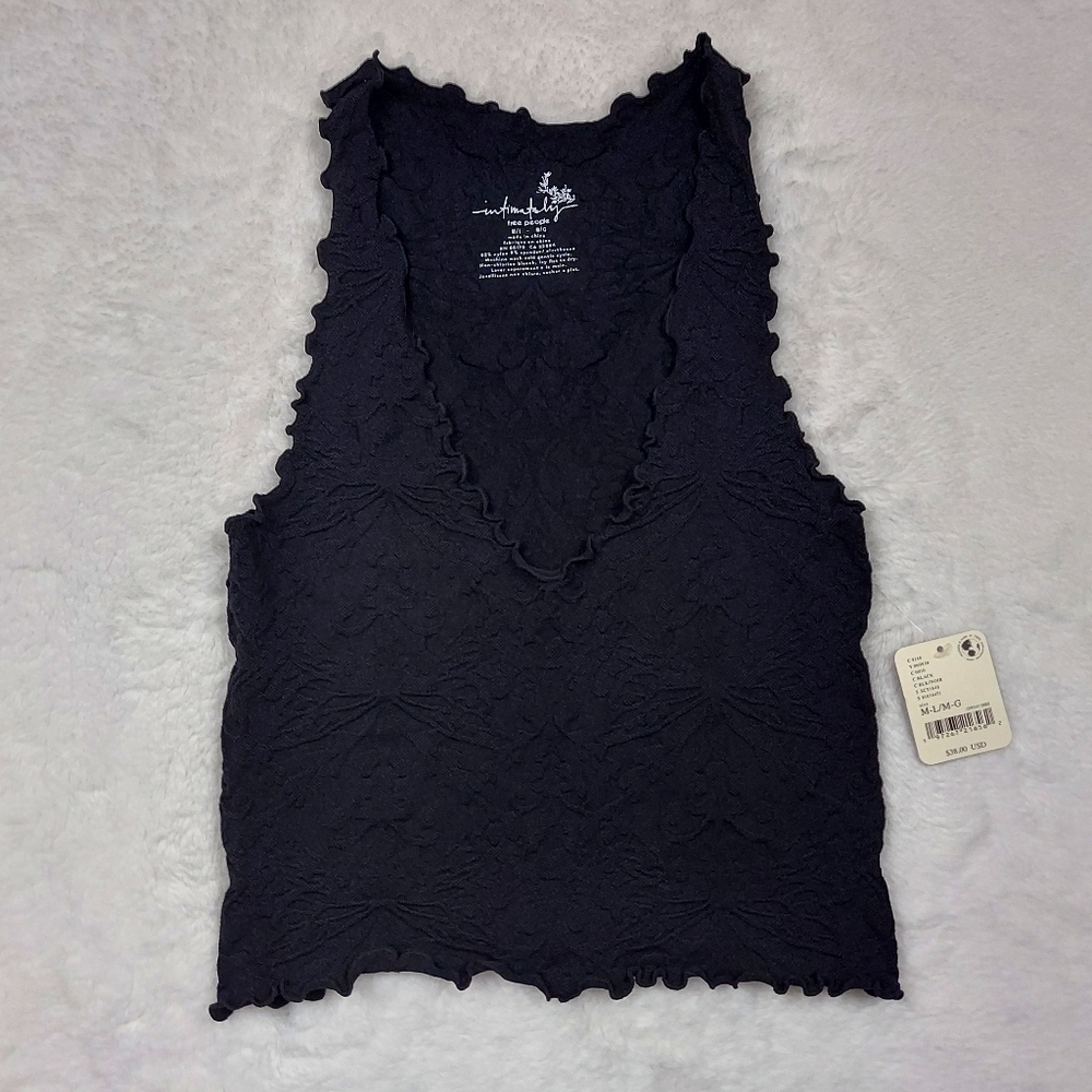 Free People Intimately Black Stretch Crop Tank Top Ruffle Edge Size M/L